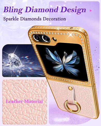 Shorogyt for Samsung Galaxy Z Flip 5 Case, Luxury Leather Diamond Z Flip 5 Cases for Women Girls, Elegant Girly Glitter Bling Rhinestone Soft Rhomboid PU & Hard PC Plated Phone Case for Flip 5 Black in Kuwait