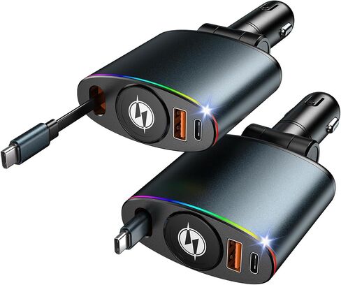 [2 Pack] Retractable Car Charger,[66W] Car Charger USB C Fast Charge,Car Charger Adapter with Retractable Charger Cables and USB Ports for iPhone 16/15/14/13/12,Car Accessories for Men in Saudi Arabia