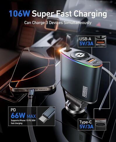 [2 Pack] Retractable Car Charger,[66W] Car Charger USB C Fast Charge,Car Charger Adapter with Retractable Charger Cables and USB Ports for iPhone 16/15/14/13/12,Car Accessories for Men in Saudi Arabia
