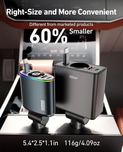 [2 Pack] Retractable Car Charger,[66W] Car Charger USB C Fast Charge,Car Charger Adapter with Retractable Charger Cables and USB Ports for iPhone 16/15/14/13/12,Car Accessories for Men in Saudi Arabia