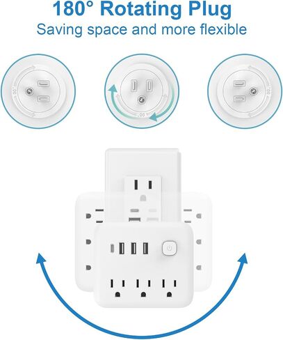 Surge Protector Power Strip, AC USB C Outlet Extender, 7 Ports Wall Charger, 180° Rotating Charging Station, Multi Plug Outlets Splitter for Home Kitchen Office Travel (White) in Saudi Arabia