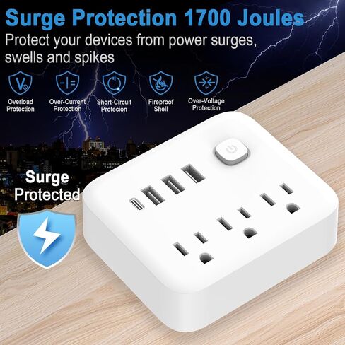 Surge Protector Power Strip, AC USB C Outlet Extender, 7 Ports Wall Charger, 180° Rotating Charging Station, Multi Plug Outlets Splitter for Home Kitchen Office Travel (White) in Saudi Arabia