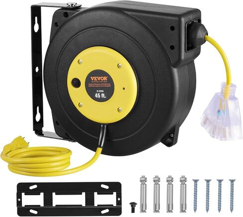 VEVOR 65FT بكرة تمديد قابلة للسحب، 12AWG/3C SJTOW سلك طاقة عالي التحمل مع منافذ صنبور كهربائية ثلاثية مضاءة، قاطع دائرة 15A، دعامة دوارة 180 درجة لورشة العمل أو المرآب، أحمر وأسود in Saudi Arabia