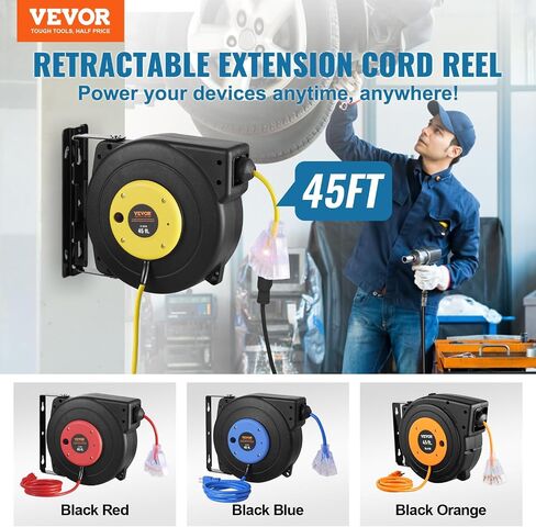 VEVOR 65FT بكرة تمديد قابلة للسحب، 12AWG/3C SJTOW سلك طاقة عالي التحمل مع منافذ صنبور كهربائية ثلاثية مضاءة، قاطع دائرة 15A، دعامة دوارة 180 درجة لورشة العمل أو المرآب، أحمر وأسود in Saudi Arabia
