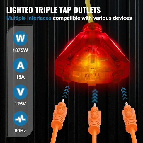 VEVOR 65FT بكرة تمديد قابلة للسحب، 12AWG/3C SJTOW سلك طاقة عالي التحمل مع منافذ صنبور كهربائية ثلاثية مضاءة، قاطع دائرة 15A، دعامة دوارة 180 درجة لورشة العمل أو المرآب، أحمر وأسود in Saudi Arabia
