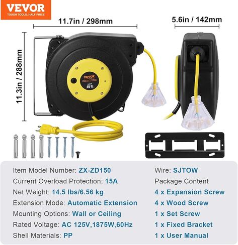 VEVOR 65FT بكرة تمديد قابلة للسحب، 12AWG/3C SJTOW سلك طاقة عالي التحمل مع منافذ صنبور كهربائية ثلاثية مضاءة، قاطع دائرة 15A، دعامة دوارة 180 درجة لورشة العمل أو المرآب، أحمر وأسود in Saudi Arabia