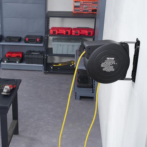 VEVOR 65FT بكرة تمديد قابلة للسحب، 12AWG/3C SJTOW سلك طاقة عالي التحمل مع منافذ صنبور كهربائية ثلاثية مضاءة، قاطع دائرة 15A، دعامة دوارة 180 درجة لورشة العمل أو المرآب، أحمر وأسود in Saudi Arabia