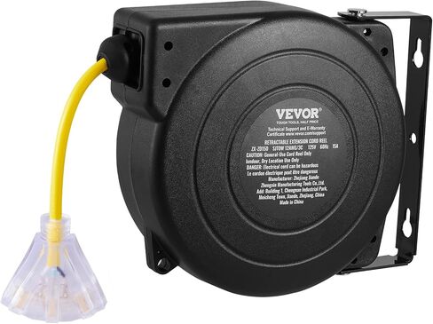 VEVOR 65FT بكرة تمديد قابلة للسحب، 12AWG/3C SJTOW سلك طاقة عالي التحمل مع منافذ صنبور كهربائية ثلاثية مضاءة، قاطع دائرة 15A، دعامة دوارة 180 درجة لورشة العمل أو المرآب، أحمر وأسود in Saudi Arabia