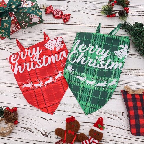 2pcs Christmas Dog Bandannas, Merry Christmas Plaid Print Pet Triangle Scarf Adjustable Washable Holiday Xmas Costume for Small Medium Large Dog & Cat (Style C) in Saudi Arabia