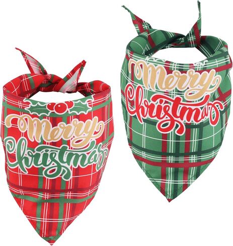 2pcs Christmas Dog Bandannas, Merry Christmas Plaid Print Pet Triangle Scarf Adjustable Washable Holiday Xmas Costume for Small Medium Large Dog & Cat (Style C) in Saudi Arabia