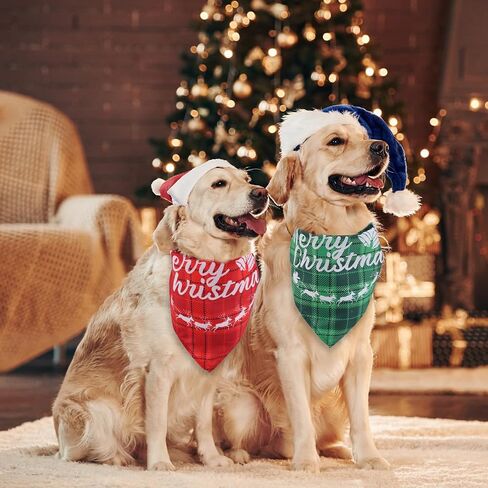 2pcs Christmas Dog Bandannas, Merry Christmas Plaid Print Pet Triangle Scarf Adjustable Washable Holiday Xmas Costume for Small Medium Large Dog & Cat (Style C) in Saudi Arabia