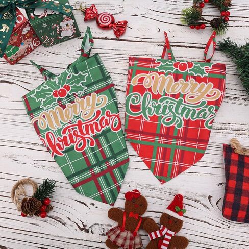 2pcs Christmas Dog Bandannas, Merry Christmas Plaid Print Pet Triangle Scarf Adjustable Washable Holiday Xmas Costume for Small Medium Large Dog & Cat (Style C) in Saudi Arabia