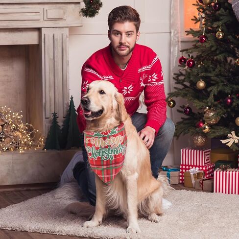 2pcs Christmas Dog Bandannas, Merry Christmas Plaid Print Pet Triangle Scarf Adjustable Washable Holiday Xmas Costume for Small Medium Large Dog & Cat (Style C) in Saudi Arabia