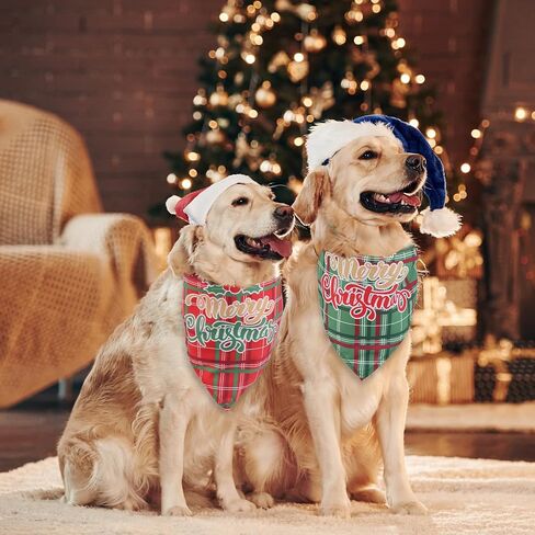 2pcs Christmas Dog Bandannas, Merry Christmas Plaid Print Pet Triangle Scarf Adjustable Washable Holiday Xmas Costume for Small Medium Large Dog & Cat (Style C) in Saudi Arabia