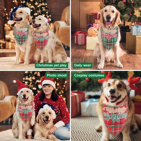 2pcs Christmas Dog Bandannas, Merry Christmas Plaid Print Pet Triangle Scarf Adjustable Washable Holiday Xmas Costume for Small Medium Large Dog & Cat (Style C) in Saudi Arabia