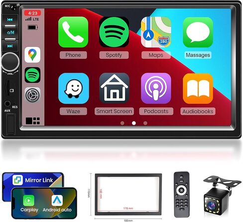 راديو سيارة مزدوج Din Carplay يدعم راديو FM تلقائي Android 7 ألوان خلفية، شاشة لمس 7 بوصة، مستقبلات صوت ستيريو للسيارة مع بلوتوث USB TF AUX، كاميرا احتياطية عالية الدقة + إطار/جهاز تحكم عن بعد in Saudi Arabia