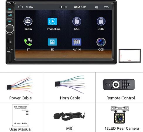 راديو سيارة مزدوج Din Carplay يدعم راديو FM تلقائي Android 7 ألوان خلفية، شاشة لمس 7 بوصة، مستقبلات صوت ستيريو للسيارة مع بلوتوث USB TF AUX، كاميرا احتياطية عالية الدقة + إطار/جهاز تحكم عن بعد in Saudi Arabia