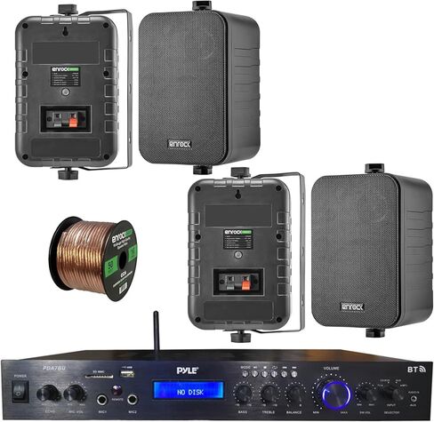 مكبر صوت للمسرح المنزلي من بايل، بلوتوث MP3/USB/SD/AUX/FM، مع 4X أنظمة صوت Enrock 4 بوصة 3 اتجاهات في الباب/خارج الباب - مكبر صوت (أسود)، سلك مكبر صوت Enrock مقاس 16 قياس 50 قدم in Kuwait