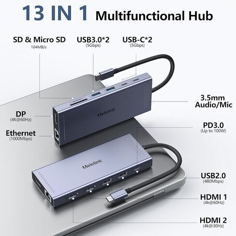 محطة إرساء USB C شاشة مزدوجة، 14 في 1 محول متعدد المنافذ USB C Hub ثلاثي العرض مع 2 HDMI، DisplayPort، شحن PD، إيثرنت، 6 منافذ USB C/A، SD/TF، ​​قاعدة توصيل USB C للكمبيوتر المحمول لأجهزة MacBook/Dell/HP/ لينوفو in Kuwait