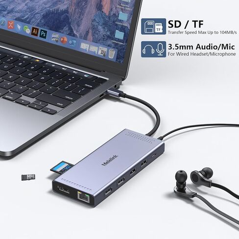 محطة إرساء USB C شاشة مزدوجة، 14 في 1 محول متعدد المنافذ USB C Hub ثلاثي العرض مع 2 HDMI، DisplayPort، شحن PD، إيثرنت، 6 منافذ USB C/A، SD/TF، ​​قاعدة توصيل USB C للكمبيوتر المحمول لأجهزة MacBook/Dell/HP/ لينوفو in Kuwait