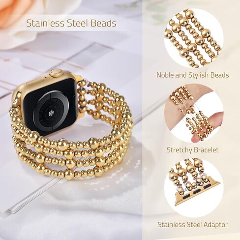 Stainless Steel Beaded Bracelet & Case for Apple Watch Band 40mm 38mm 41mm 42mm 44mm 45mm Women, Handmade Dressy Cute iPhone Watch Bands Stretchy Fashion Straps for iWatch Series 9 8 7 6 5 4 3 2 1 SE in Saudi Arabia
