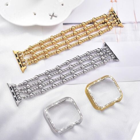 Stainless Steel Beaded Bracelet & Case for Apple Watch Band 40mm 38mm 41mm 42mm 44mm 45mm Women, Handmade Dressy Cute iPhone Watch Bands Stretchy Fashion Straps for iWatch Series 9 8 7 6 5 4 3 2 1 SE in Saudi Arabia