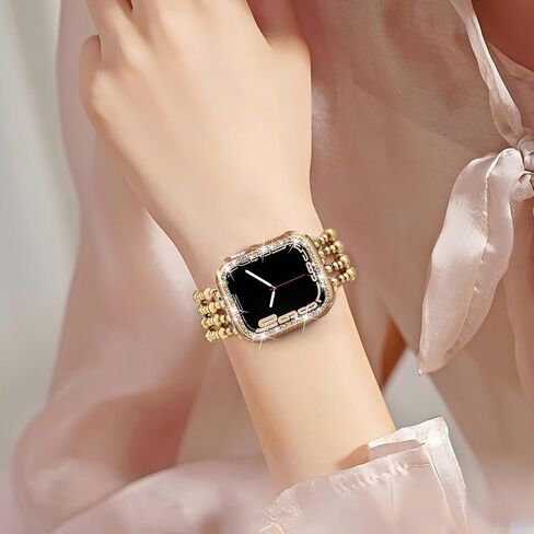 Stainless Steel Beaded Bracelet & Case for Apple Watch Band 40mm 38mm 41mm 42mm 44mm 45mm Women, Handmade Dressy Cute iPhone Watch Bands Stretchy Fashion Straps for iWatch Series 9 8 7 6 5 4 3 2 1 SE in Saudi Arabia