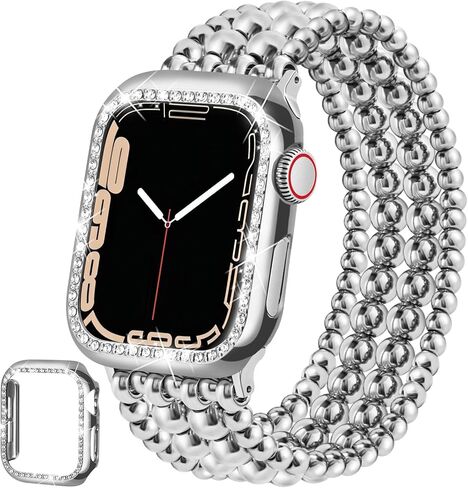 Stainless Steel Beaded Bracelet & Case for Apple Watch Band 40mm 38mm 41mm 42mm 44mm 45mm Women, Handmade Dressy Cute iPhone Watch Bands Stretchy Fashion Straps for iWatch Series 9 8 7 6 5 4 3 2 1 SE in Kuwait