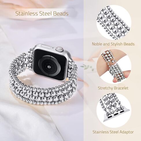 Stainless Steel Beaded Bracelet & Case for Apple Watch Band 40mm 38mm 41mm 42mm 44mm 45mm Women, Handmade Dressy Cute iPhone Watch Bands Stretchy Fashion Straps for iWatch Series 9 8 7 6 5 4 3 2 1 SE in Kuwait