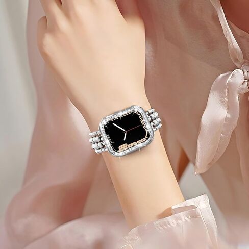 Stainless Steel Beaded Bracelet & Case for Apple Watch Band 40mm 38mm 41mm 42mm 44mm 45mm Women, Handmade Dressy Cute iPhone Watch Bands Stretchy Fashion Straps for iWatch Series 9 8 7 6 5 4 3 2 1 SE in Kuwait