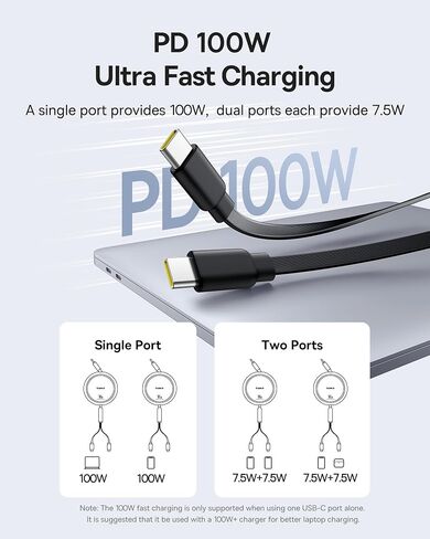 كابل USB C قابل للسحب، كابل شحن سريع متعدد USB C مزدوج 100 وات من Baseus، سلك شاحن سريع قابل للسحب 2 في 1 لهاتف iPhone 16 15 Pro Plus Pro Max وGalaxy S24 S23 وiPad Pro والأجهزة اللوحية (3.3 قدم) in Kuwait