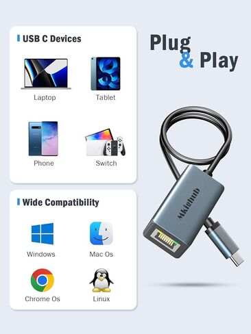 USB C to Ethernet Adapter, USB Type C to RJ45 Gigabit Ethernet Adapter Cable Converter, Thunderbolt 3 to LAN Network Adapter Compatible for MacBook Pro Air iPad Pro Galaxy S22 S21 Chromebook Dell XPS in Saudi Arabia