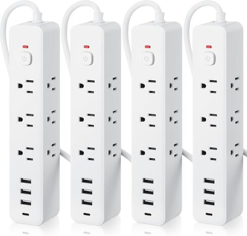 4 Pcs 3-Sided Power Strip Surge Protector with 9 Widely AC Outlets 3 USB Ports 1 Type C Port 5 Ft Extension Cord Flat Plug Wall Mount Overload Protection Desk Charging for Home Office(White) in Saudi Arabia