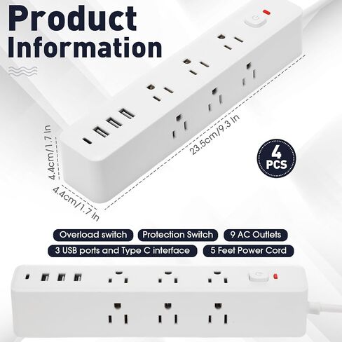 4 Pcs 3-Sided Power Strip Surge Protector with 9 Widely AC Outlets 3 USB Ports 1 Type C Port 5 Ft Extension Cord Flat Plug Wall Mount Overload Protection Desk Charging for Home Office(White) in Saudi Arabia