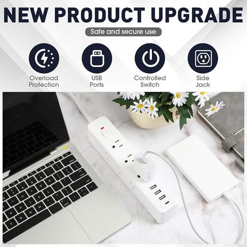 4 Pcs 3-Sided Power Strip Surge Protector with 9 Widely AC Outlets 3 USB Ports 1 Type C Port 5 Ft Extension Cord Flat Plug Wall Mount Overload Protection Desk Charging for Home Office(White) in Saudi Arabia