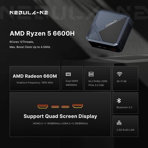 N1 Mini PC، AMD Ryzen 7 5825U(8C/16T، حتى 4.5 جيجا هرتز)، أجهزة كمبيوتر صغيرة 16 جيجابايت DDR4 RAM 512 جيجابايت M.2 NVMe SSD، تدعم شاشة رباعية 4K/WiFi 6E/BT5.2/2.5G LAN/Dual USB- C(البيانات/PD3.0/DP)، المنزل/المكتب in Saudi Arabia