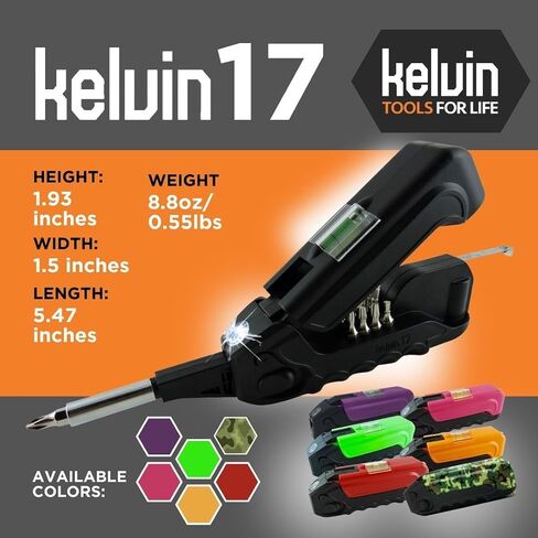أدوات كلفن - مجموعة مفك براغي Kelvin 17 Urban، مفك براغي متعدد الأدوات الكل في واحد للاستخدام اليومي، متعدد الأطراف، دقة مدمجة وعالمية، مجموعة 13 بت مع شريط قياس، مستوى السائل، مطرقة ومصباح يدوي in Saudi Arabia