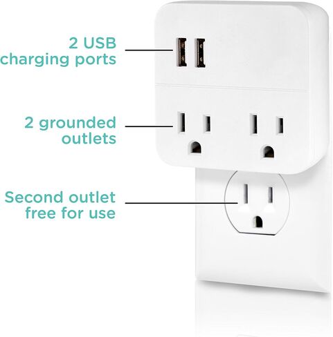 Cordinate 2 Outlet Extender, 3 Prong, Compact Adapter, Station, 2.1A USB Ports, Fast Charge for Devices, Easy Access Design, 2 Pack, White, 56162 in Saudi Arabia