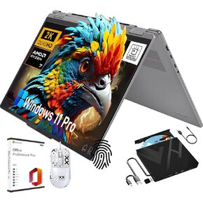 Lenovo 2024 Yoga 7 2 in 1 Laptop - 16" IPS LCD 2K Touch, AMD Ryzen 7 8840HS, Backlit KB, Fingerprint Reader, 16 GB DDR5, 2 TB SSD, Win 11 Pro, with 8 in 1 External CD/DVD Drive & Office 2021 License