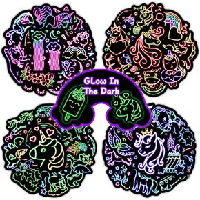 Glow in The Dark Holographic Neon Animal Water Bottle Stickers for Kids, 52 Pcs Colorful Moon Butterfly Flower Laptop Decals, Teens Adults Waterproof Vinyl Mugs Phone Helmet Personalized Decor