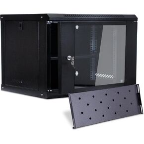 Server Rack Cabinet 6U Wall Mount Rack Network Cabinet 19 in IT Network Rack & A/V Equipment Shelf with Glass Door Locks & Removable Side Panels Cooling Fan Wall Mount Network Rack (Black)