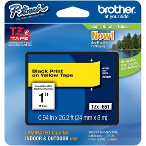 Brother Laminated Tape Black on Yellow, 24mm (TZe651) - Retail Packaging (2, Black on Yellow)