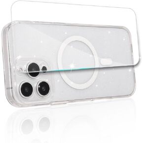 Magnetic Case for iPhone 16, Compatible with MagSafe, Soft TPU Clear Slim Glitter Shiny Sparkle Shimmer Protective Phone Cover for iPhone 16 Case, Clear Desert Titanium