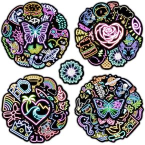 50Pcs Glow in The Dark Neon Water Bottle Stickers for Kids, Cool Colorful Neon Waterproof Vinyl Laptop Decals, Kids Teens Adults Scrapbook Skateboard Luggage Phone Case Guitar Bike Decoration