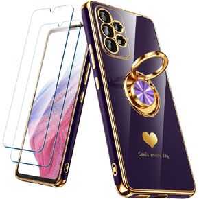 for Samsung Galaxy A53 5G Case with 2 Pack Screen Protector, 360° Rotatable Ring Holder [Luxury Hearts Pattern] Plating Gold Edge Slim Soft Phone Cover Case for Galaxy A53 - Purple in Saudi Arabia