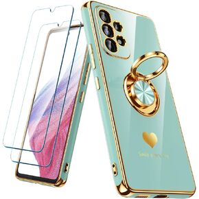 for Samsung Galaxy A53 5G Case with 2 Pack Screen Protector, 360° Rotatable Ring Holder [Luxury Hearts Pattern] Plating Gold Edge Slim Soft Phone Cover Case for Galaxy A53 - Purple