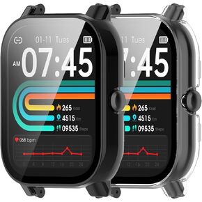 Case Intended for Boquaw P90 Frame PC Protective Cover with Tempered Glass Film for Boquaw P90 Smartwatch Screen Protectors Accessories (Black&Clear)