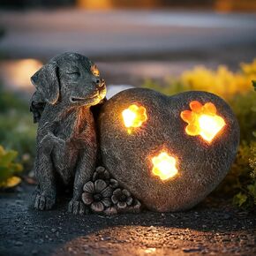 Heart-Shaped Solar Dog Memorial Stone with Wings, Pet Dog Memorial Garden Stone, Waterproof Outdoor Dog Memorial Headstone for Commemorates Loss of Dog