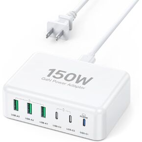 150W USB C Mac Book Pro Charger,6 Port Type C Charging Station PD Hub Brick USB A QC Wall Chargers Power Adapter Desk Plug Cube for iPhone 16 15 ProMax/AirPods4 65W Laptop Charger for MacBook Air Pro
