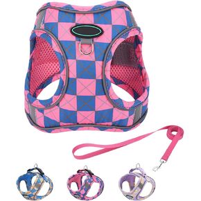 Step in Dog Harness and Leash Set, Plaid Adjustable Easy Walk Puppy Harnesses, Soft Mesh Pet Vest Harness Small Size Dog Adjustable No Pull Dog Harness for Small Medium Dogs(Blue Pink, S)